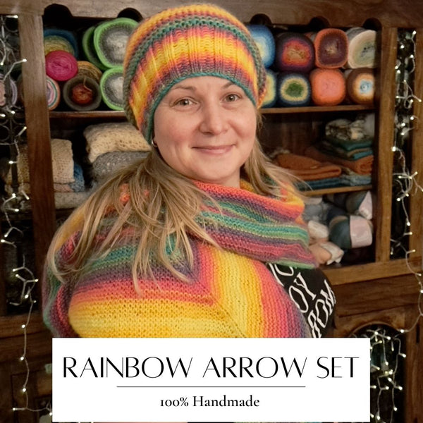 Handmade knitted Arrow set - hat, shawl, mittens - RAINBOW