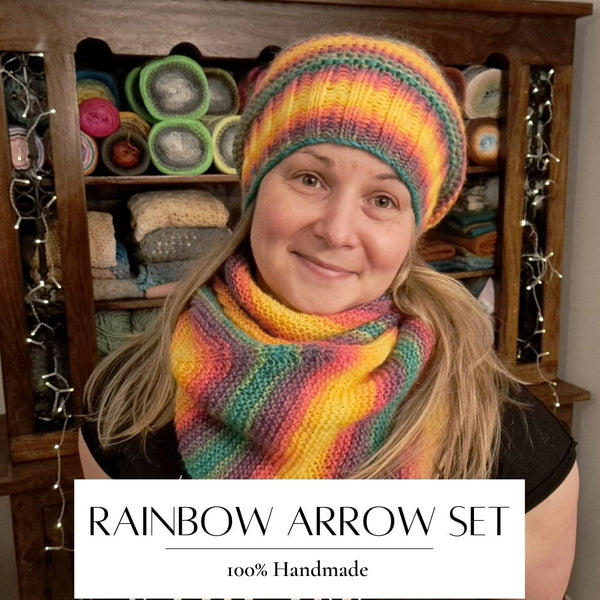 Handmade knitted Arrow set - hat, shawl, mittens - RAINBOW