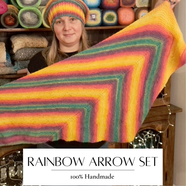 Handmade knitted Arrow set - hat, shawl, mittens - RAINBOW