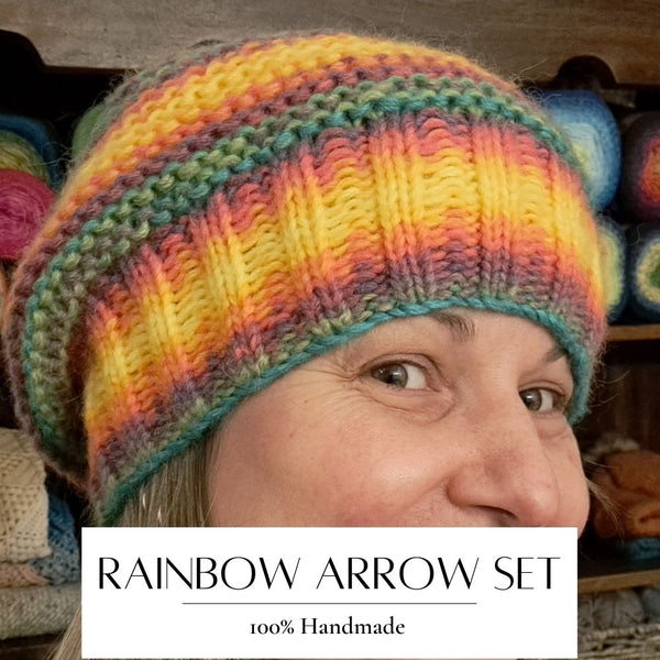 Handmade knitted Arrow set - hat, shawl, mittens - RAINBOW