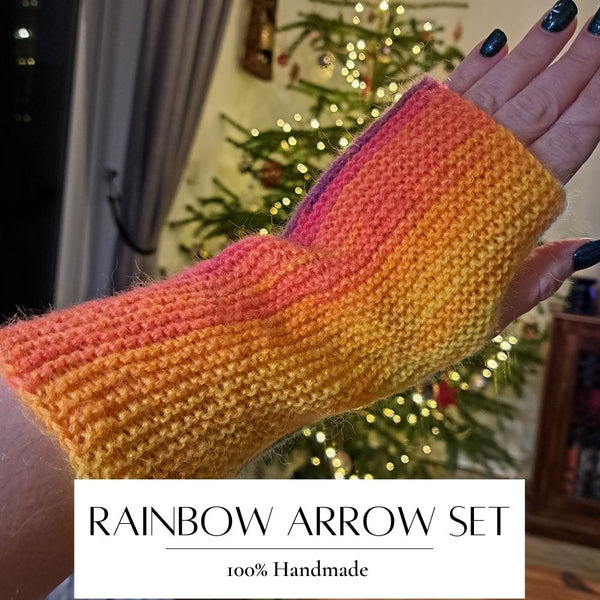 Handmade knitted Arrow set - hat, shawl, mittens - RAINBOW