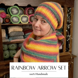 Handmade knitted Arrow set - hat, shawl, mittens - RAINBOW