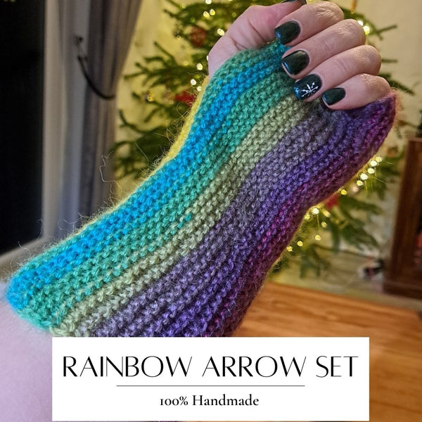 Handmade knitted Arrow set - hat, shawl, mittens - RAINBOW